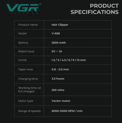 VGR V-668 Professional Hair Clipper with Vector Motor