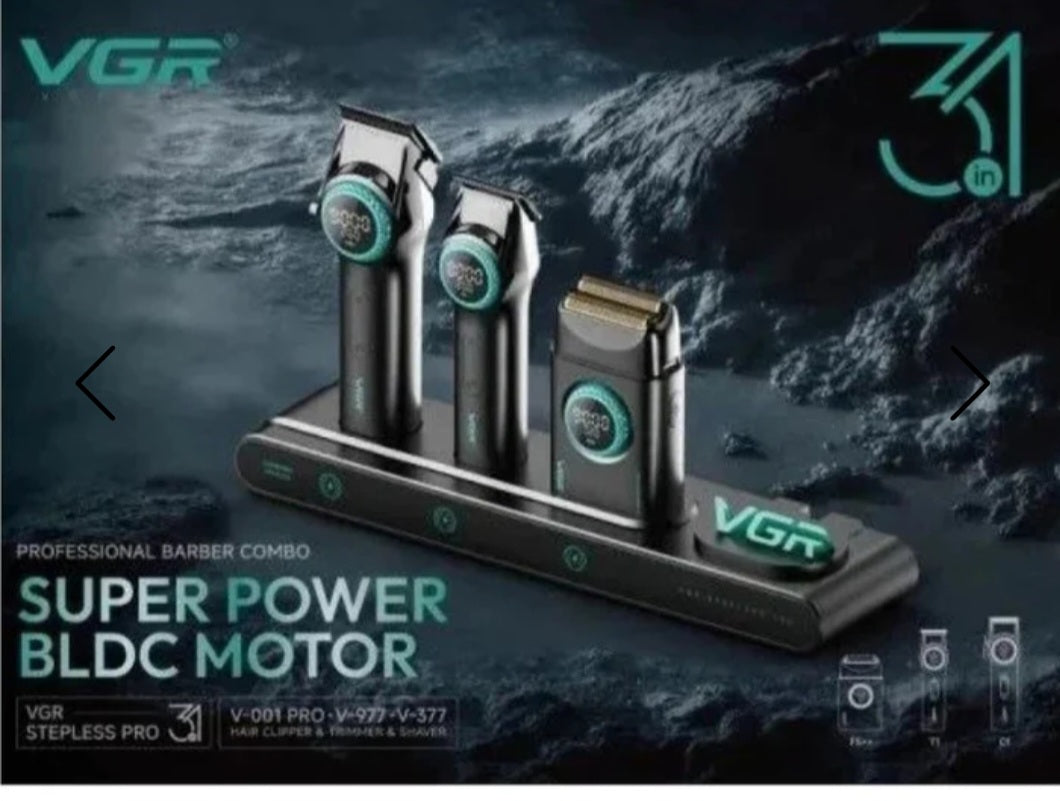VGR Stepless Pro 3-in-1 Professional Barber Combo Kit with Super Power BLDC Motor