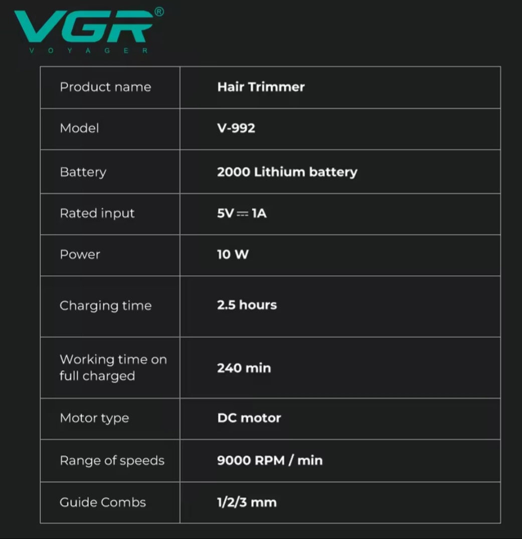 VGR V-992 Professional Precision Hair Trimmer with Metal Housing and Charging Base