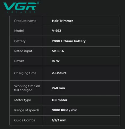 VGR V-992 Professional Precision Hair Trimmer with Metal Housing and Charging Base