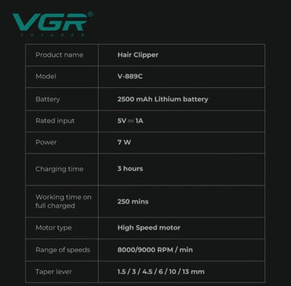 VGR V-889C Professional Hair Clipper with Turbocharger and LED Display