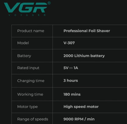 VGR V-307 Professional Foil Shaver with High Speed 9000 RPM Motor