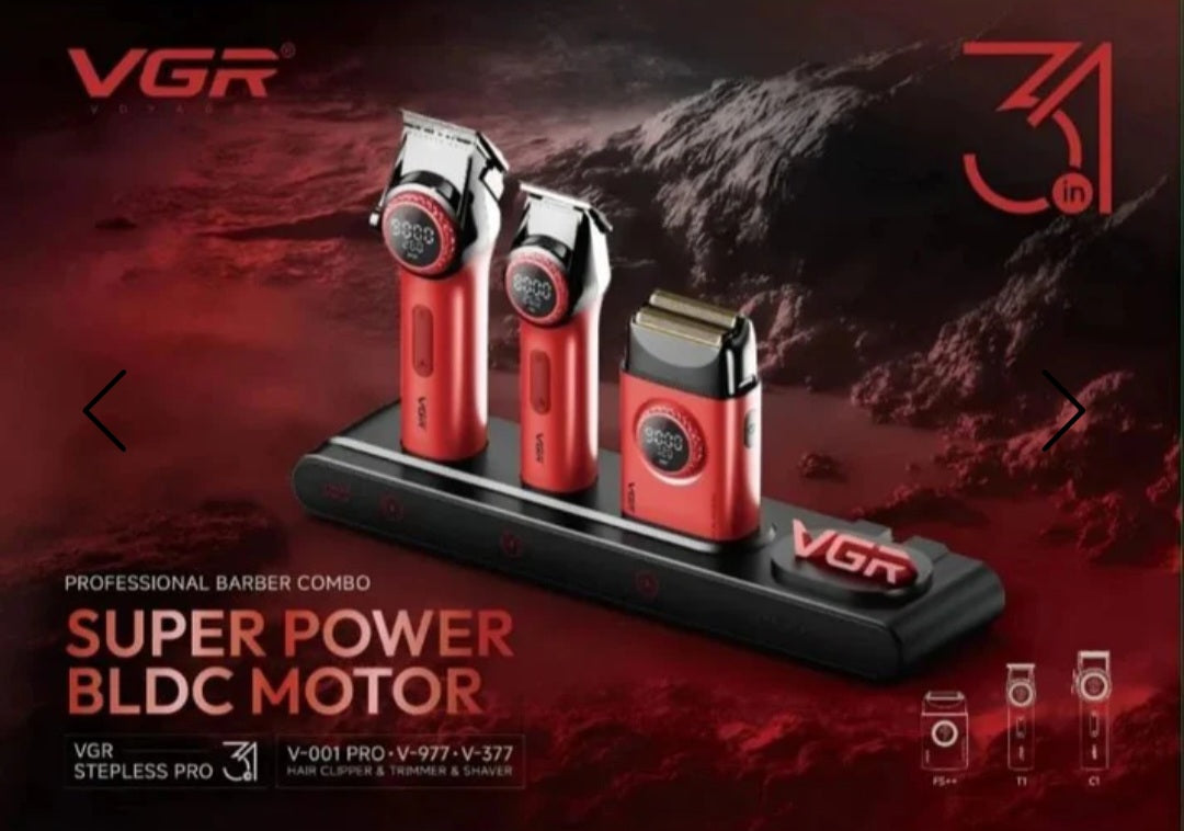 VGR Stepless Pro 3-in-1 Professional Barber Combo Kit with Super Power BLDC Motor