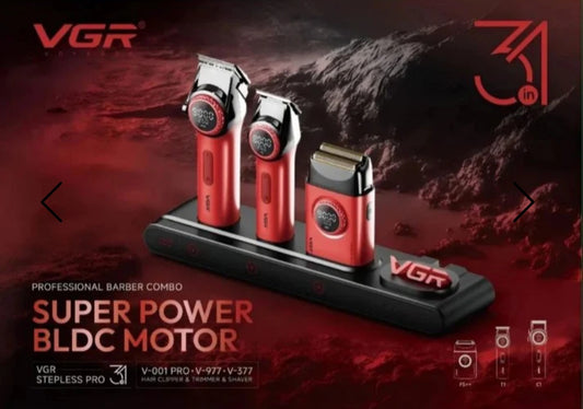 VGR Stepless Pro 3-in-1 Professional Barber Combo Kit with Super Power BLDC Motor